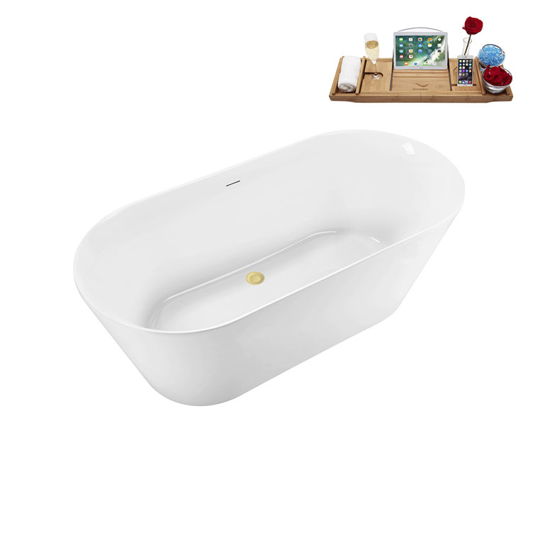 59.1'' Glossy White Acrylic Freestanding Soaking Bathtub with Polished Brass Drain
