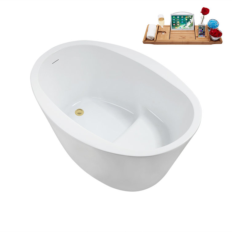 51'' Glossy White Acrylic Freestanding Soaking Bathtub with Polished Brass Drain