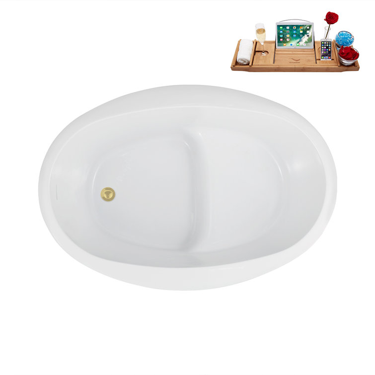 51'' Glossy White Acrylic Freestanding Soaking Bathtub with Polished Brass Drain