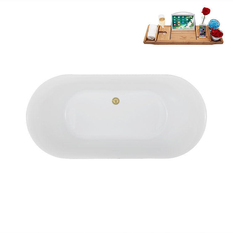 59'' Glossy White Freestanding Acrylic Soaking Bathtub with Polished Brass Drain
