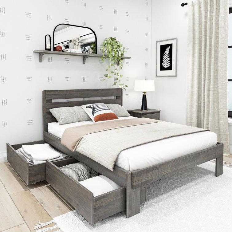 Driftwood Gray Pine Full Bed Frame with Headboard and Storage Drawers