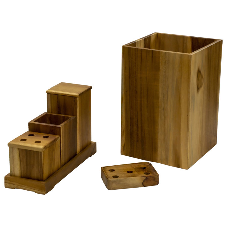Eleganto 9-Piece Solid Teak Bathroom Accessory Set with Natural Finish