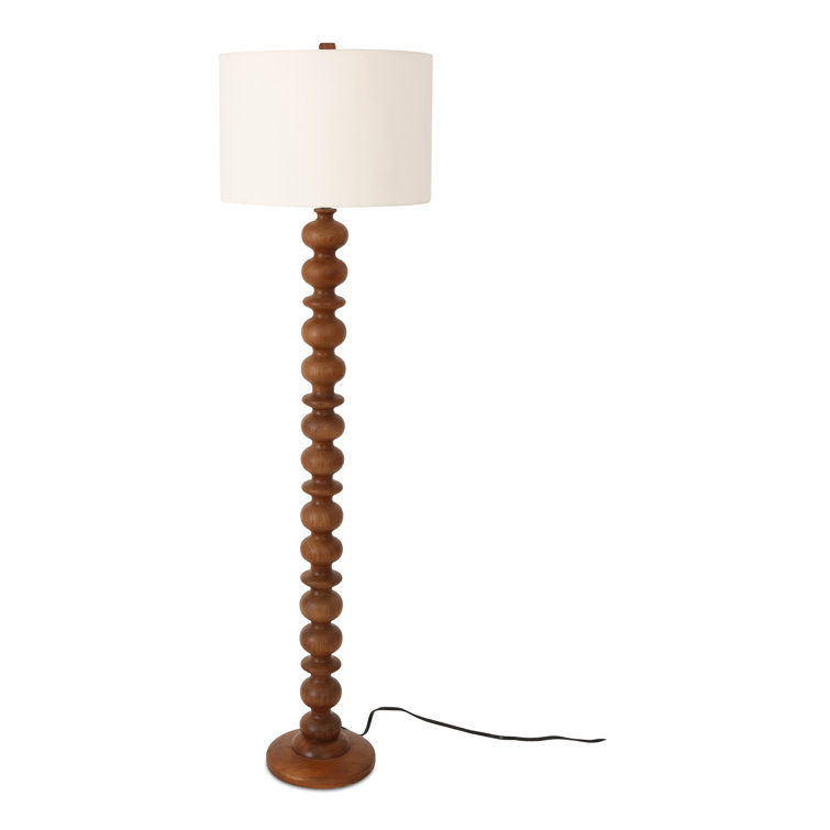 Honey Brown Solid Wood Floor Lamp with White Cotton Shade