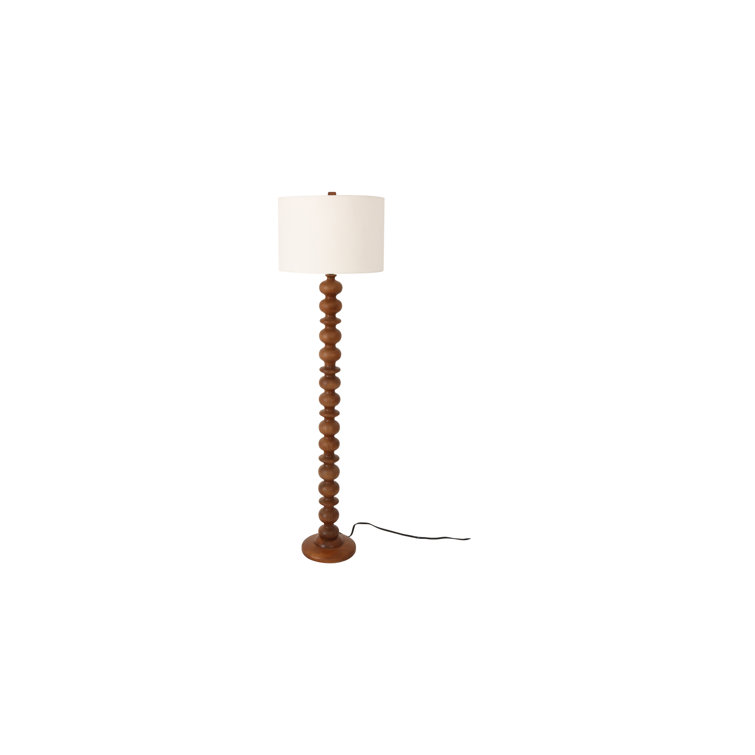 Honey Brown Solid Wood Floor Lamp with White Cotton Shade