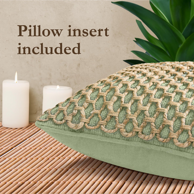 Sage Green and Natural Woven Jute Square Throw Pillow