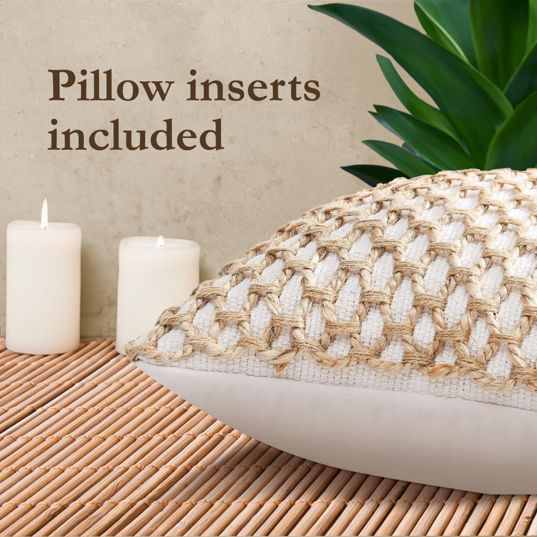 Jada 20'' Square White and Jute Boho Throw Pillow Set