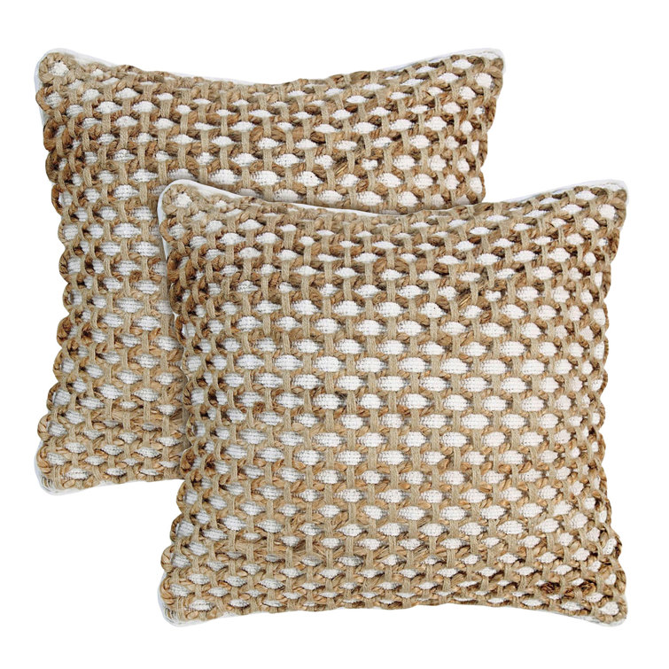 Jada 20'' Square White and Jute Boho Throw Pillow Set
