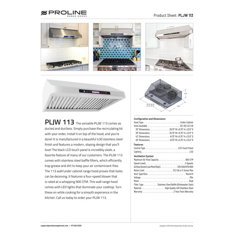 36 Inch Wide Stainless Steel Convertible Under Cabinet Range Hood