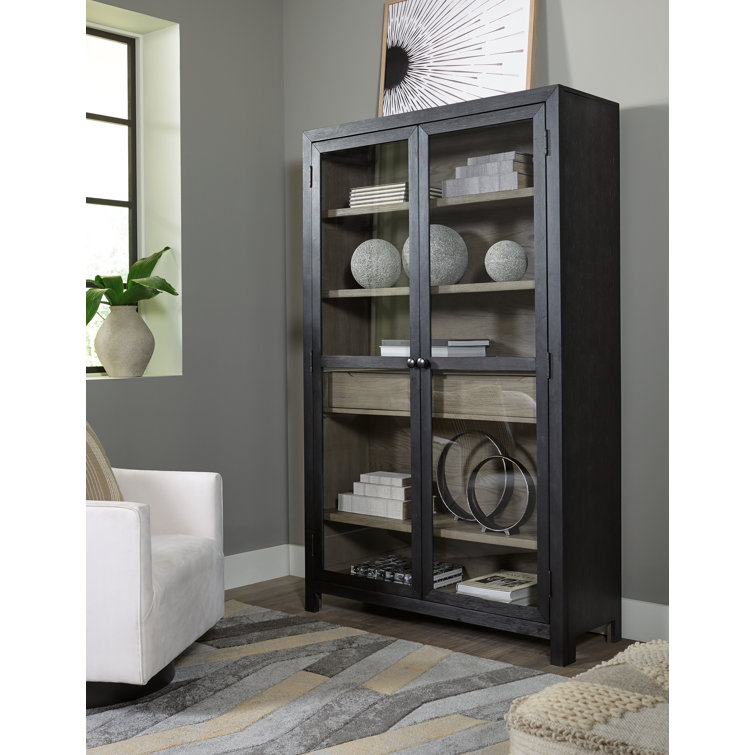 Black and Gray Transitional 76" Wood Accent Cabinet with Adjustable Shelving