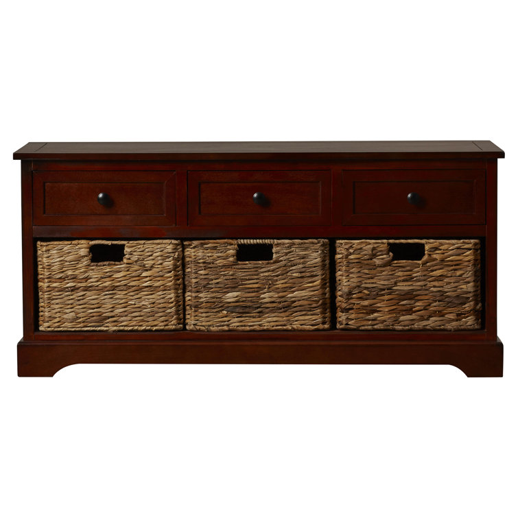 Transitional Damien Dark Cherry Pine Storage Bench with Wicker Baskets