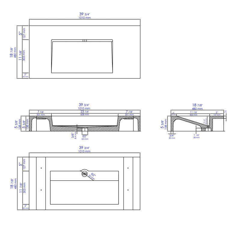 Gray Matte Ceramic Rectangular Wall-Mount Bathroom Sink