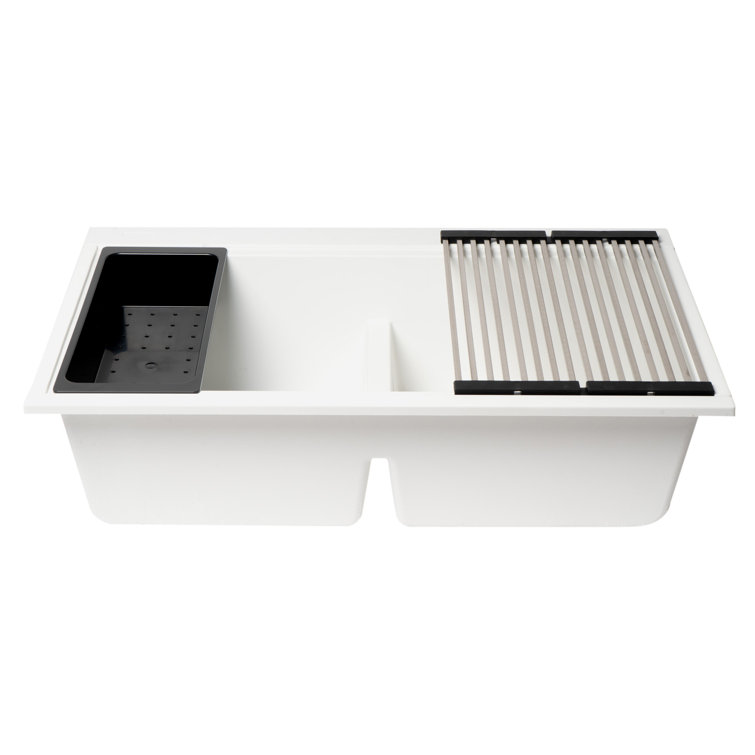 White Granite Composite Double Bowl Undermount Kitchen Sink
