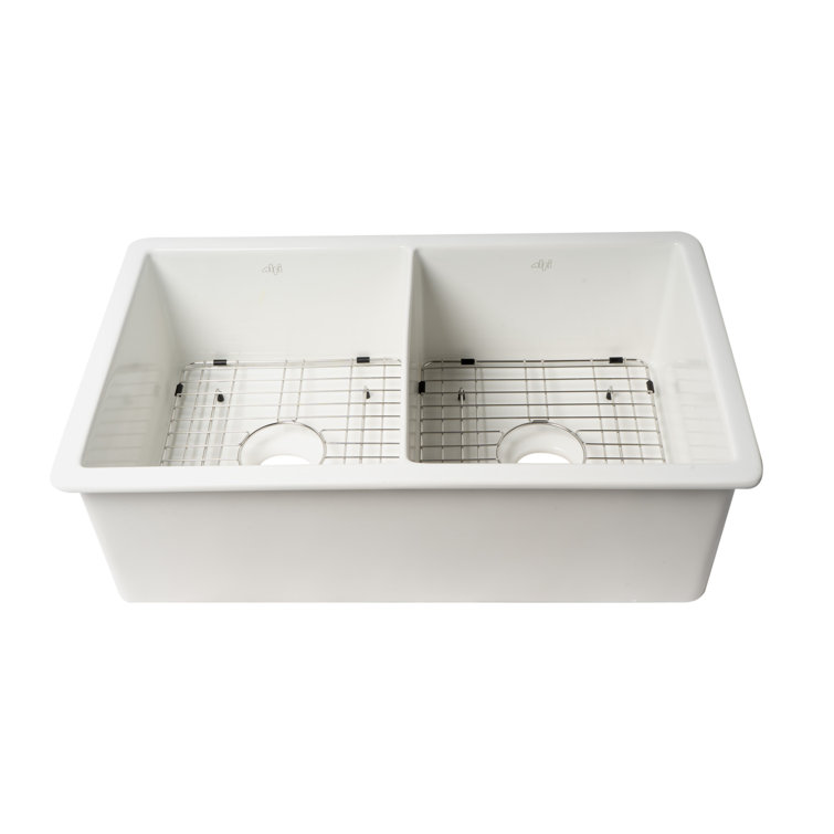 White 32" Double Bowl Fireclay Farmhouse Drop-In Sink
