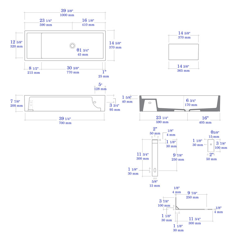 White Ceramic 39.4'' Rectangular Bathroom Trough Sink