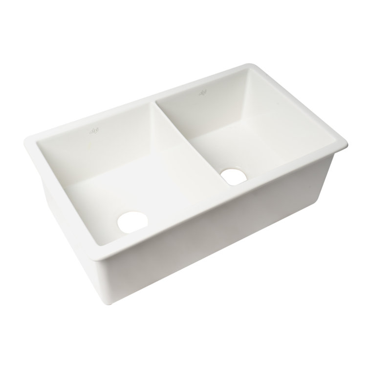 White 32" Double Bowl Fireclay Farmhouse Drop-In Sink