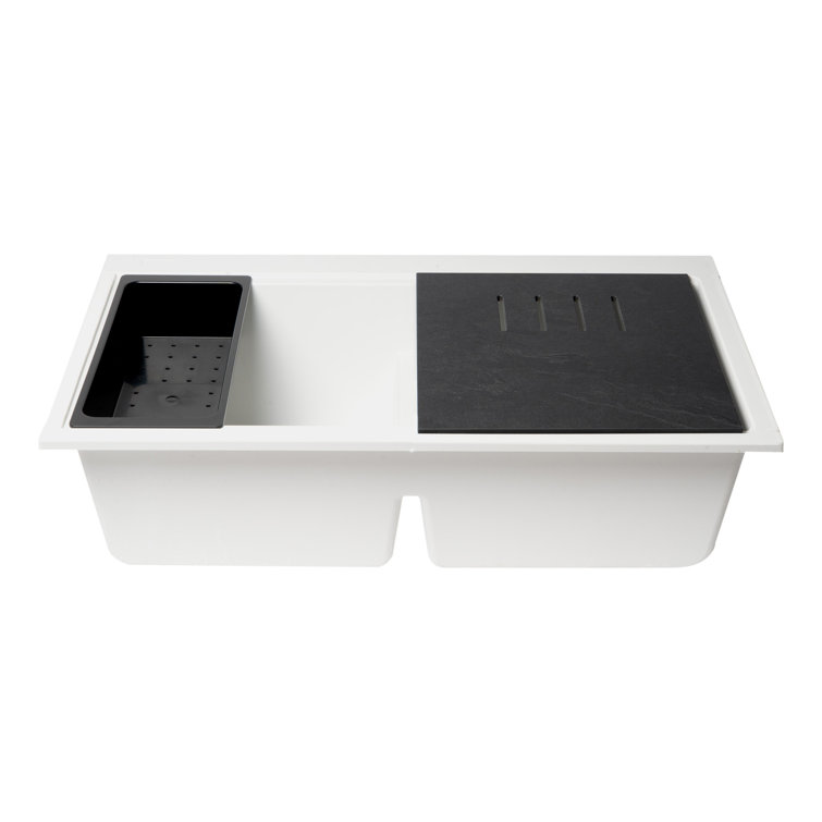 White Granite Composite Double Bowl Undermount Kitchen Sink