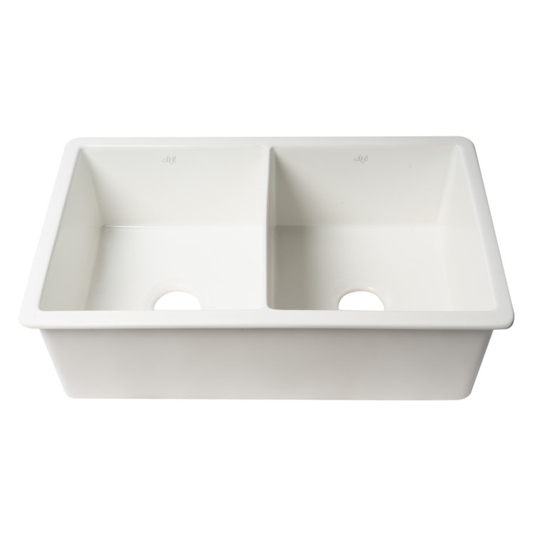 White 32" Double Bowl Fireclay Farmhouse Drop-In Sink