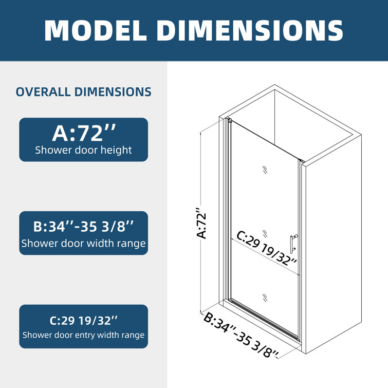 34'' W x 72'' H Frameless Clear Tempered Glass Pivot Shower Door