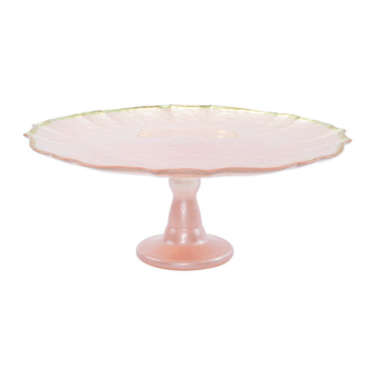 Elegant Pink Glass Cake Stand with Gold Rim, 12.25"