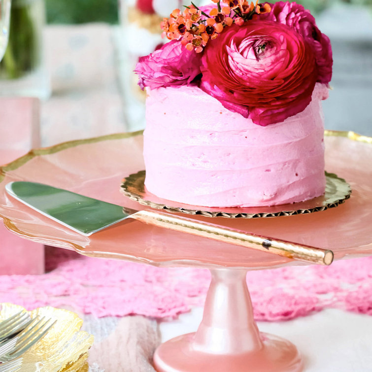 Elegant Pink Glass Cake Stand with Gold Rim, 12.25"