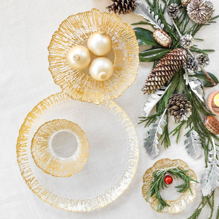 Gold Foil Textured Glass Round Serving Bowl