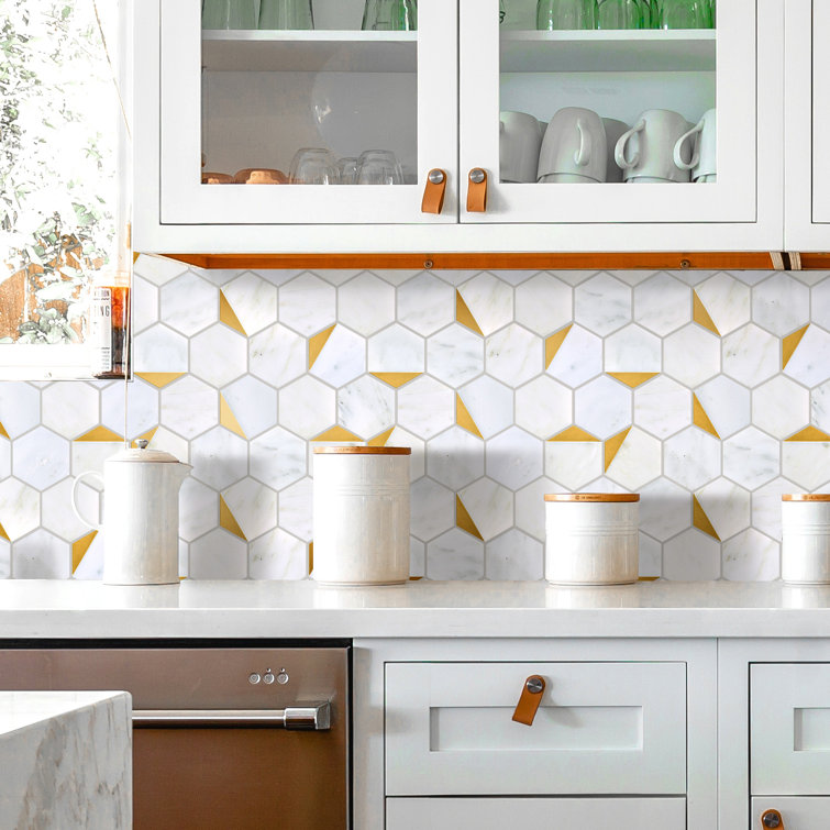 White and Gold Hexagon Marble Mosaic Wall Tile