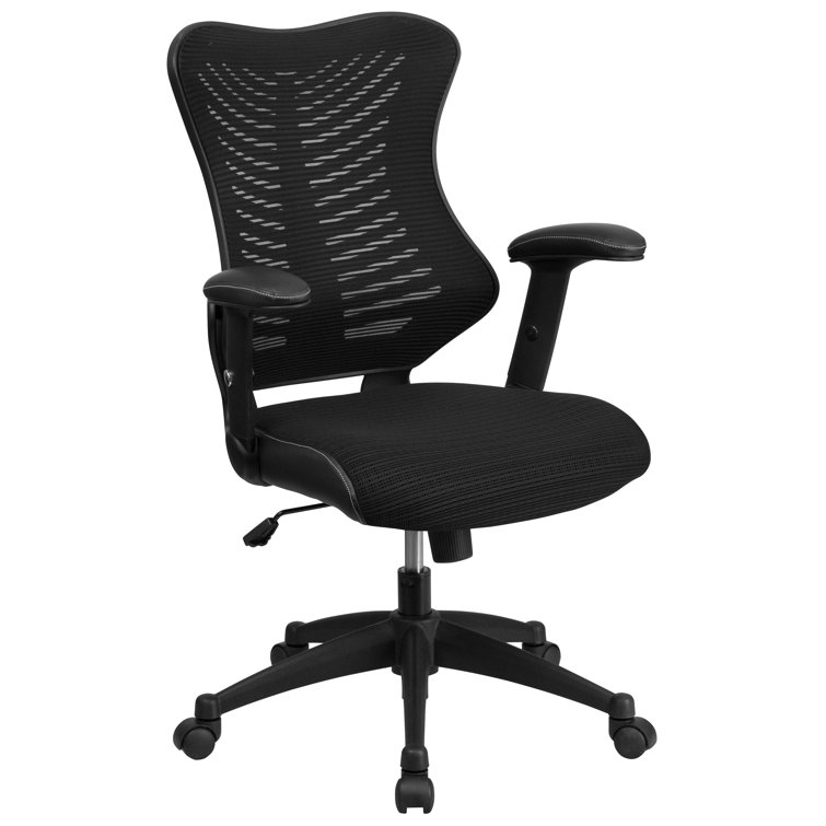 Contemporary High-Back Black Mesh & Leather Executive Office Chair with Adjustable Arms