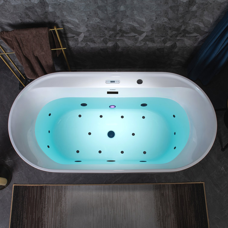 72" White Acrylic Freestanding Whirlpool Tub with Matte Black Trim