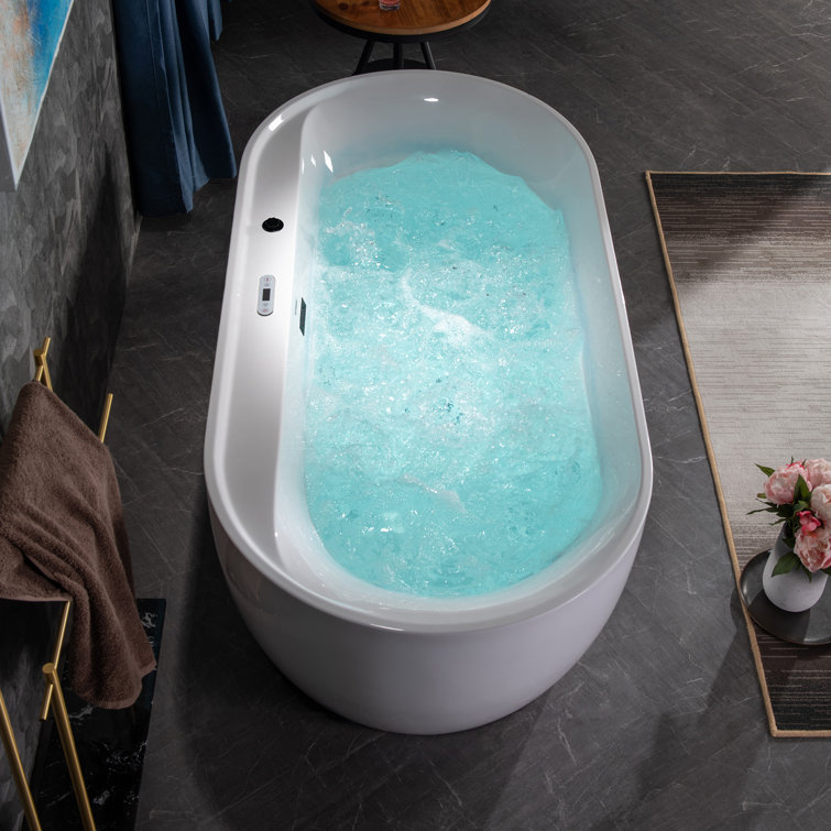 72" White Acrylic Freestanding Whirlpool Tub with Matte Black Trim