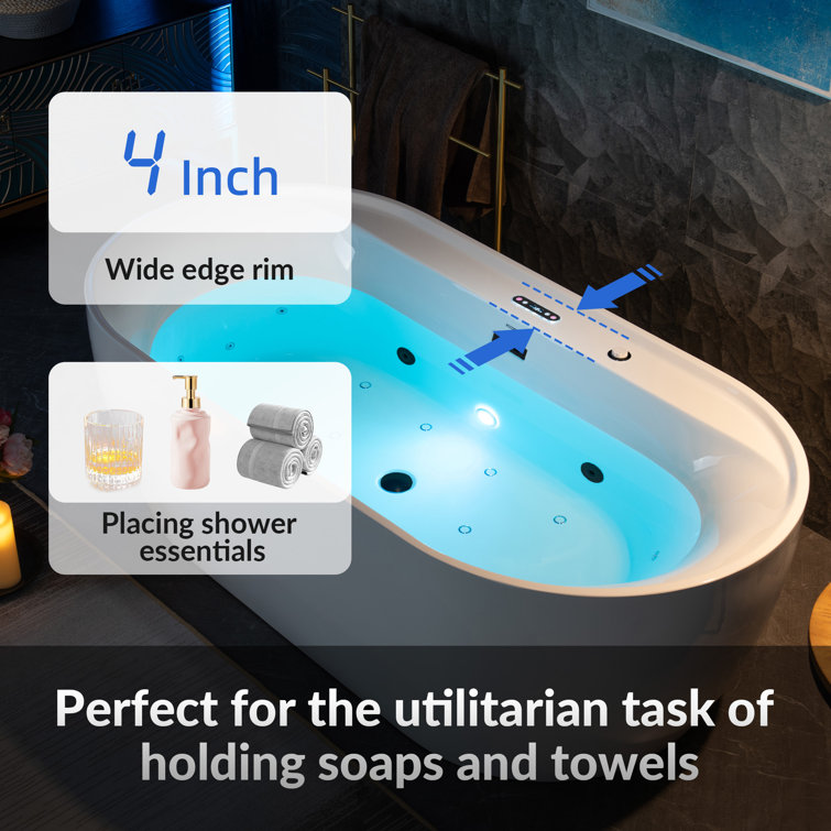 72" White Acrylic Freestanding Whirlpool Tub with Matte Black Trim