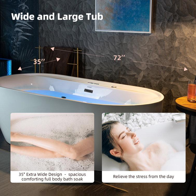 72" White Acrylic Freestanding Whirlpool Tub with Matte Black Trim