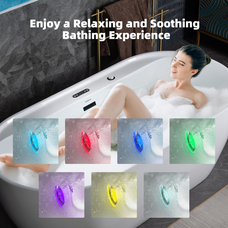 72" White Acrylic Freestanding Whirlpool Tub with Matte Black Trim