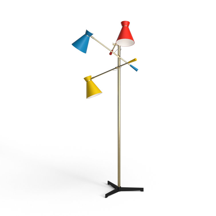 Adjustable Antique Brass Tripod Floor Lamp with Multi-Color Shades