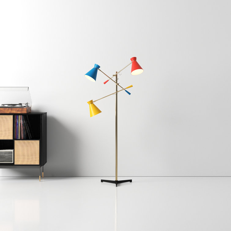 Adjustable Antique Brass Tripod Floor Lamp with Multi-Color Shades