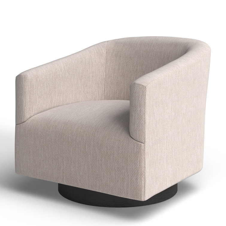 Donovan Oatmeal Fabric and Black Wood Swivel Barrel Chair