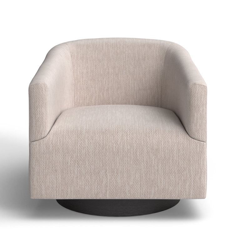 Donovan Oatmeal Fabric and Black Wood Swivel Barrel Chair