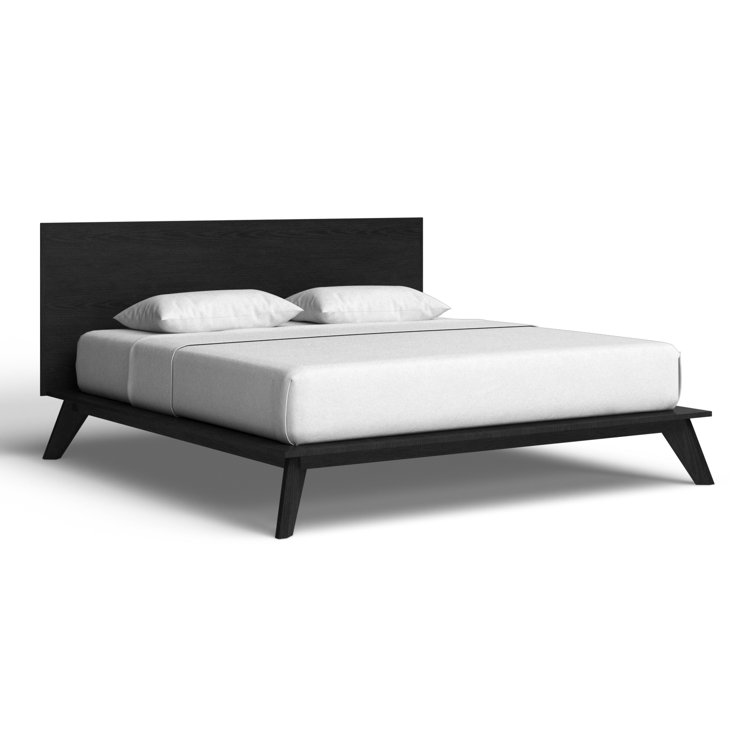 King Black Oak Wood Platform Bed with Headboard and Drawer
