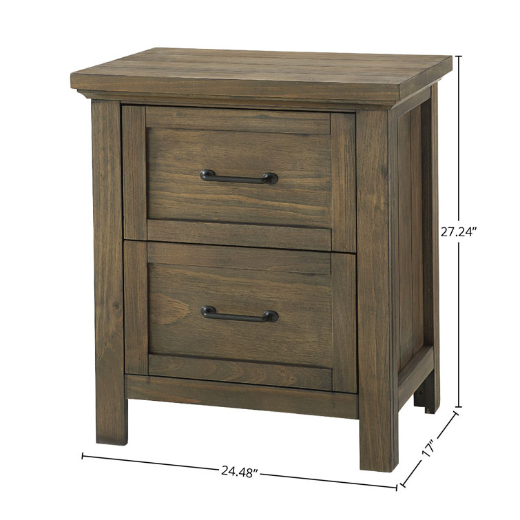 Brown Pine Solid Wood 2-Drawer Nightstand with Matte Black Handles
