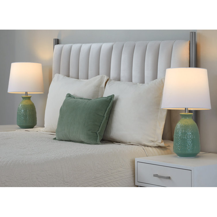 Sage Green Embossed Ceramic Table Lamp Set with White Linen Shades