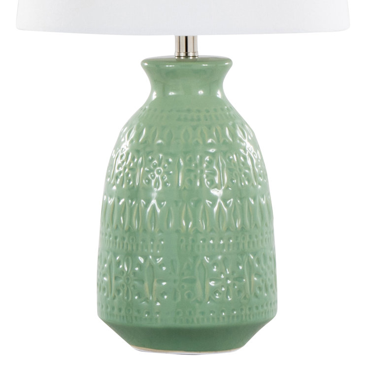 Sage Green Embossed Ceramic Table Lamp Set with White Linen Shades