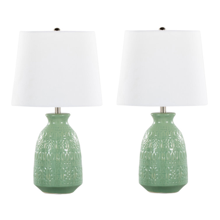 Sage Green Embossed Ceramic Table Lamp Set with White Linen Shades