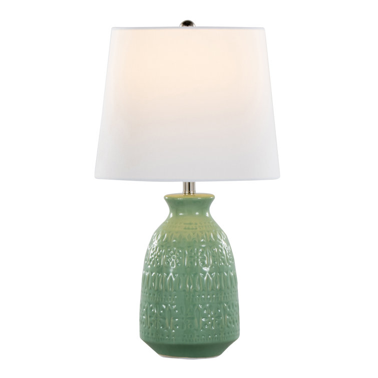 Sage Green Embossed Ceramic Table Lamp Set with White Linen Shades