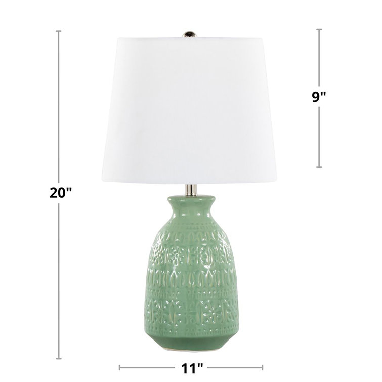 Sage Green Embossed Ceramic Table Lamp Set with White Linen Shades