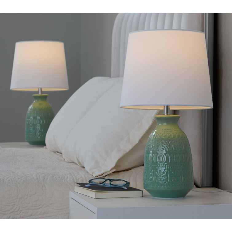 Sage Green Embossed Ceramic Table Lamp Set with White Linen Shades