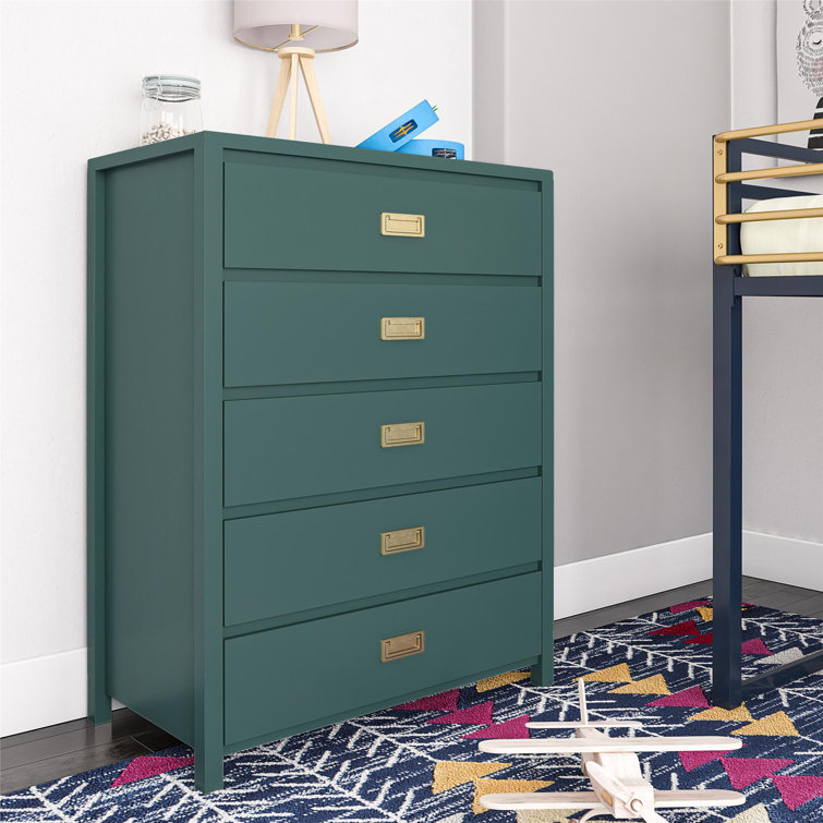 Hunter Green Vertical 5-Drawer Kids' Dresser with Gold Pulls