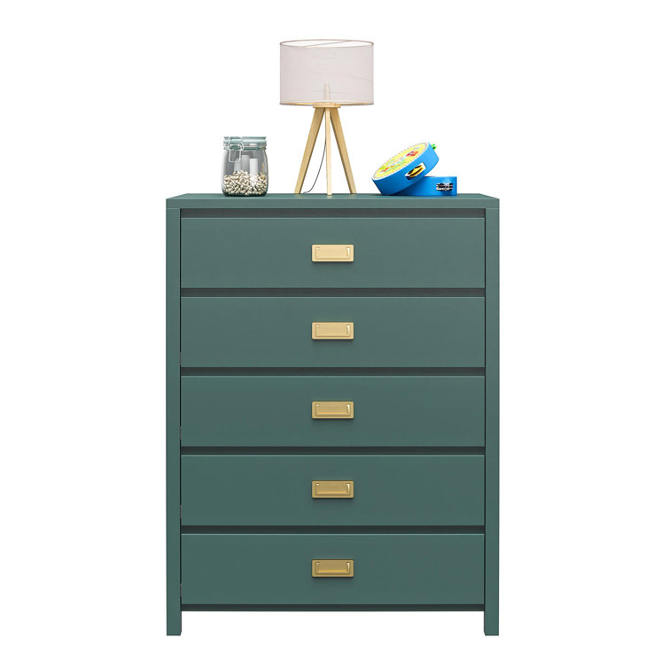 Hunter Green Vertical 5-Drawer Kids' Dresser with Gold Pulls