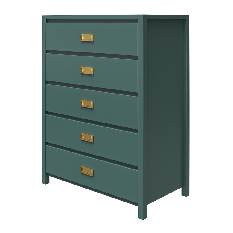 Hunter Green Vertical 5-Drawer Kids' Dresser with Gold Pulls