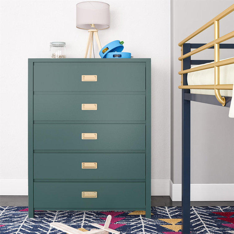 Hunter Green Vertical 5-Drawer Kids' Dresser with Gold Pulls
