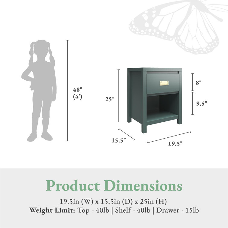 Hunter Green MDF Kids' Nightstand with Gold Drawer Pulls