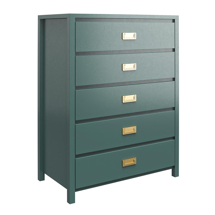 Hunter Green Vertical 5-Drawer Kids' Dresser with Gold Pulls